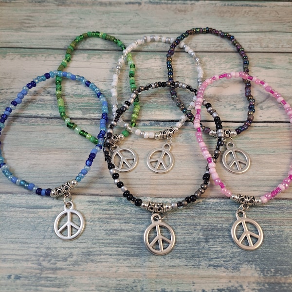 PEACE SIGN Ankle Bracelet - Beaded anklet with Silver Peace Sign Charm - Summer Beach Jewelry - Pick your bead color