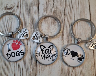 I Love Dogs, Cat MOM, Peace Love Adopt - Animal Pet Charm Key Chain - With Silver "Best Friend" Paw Charm for Animal Lovers