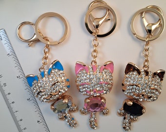 Cat Crystal Rhinestone Stones Kitten Keychain - Gold Key Ring Luxury Bag Charm