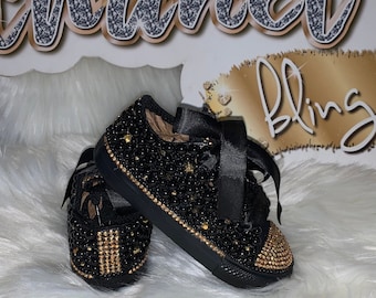 Black/Gold Bling Converse – Kids Low Top Pearl And Rhinestone Luxury Crystal Sneakers Available In Different Sizes