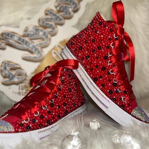 Red/Black Bling Converse | Women's Custom Rhinestone High Top Chuck Taylor Pearl Crystal Converse