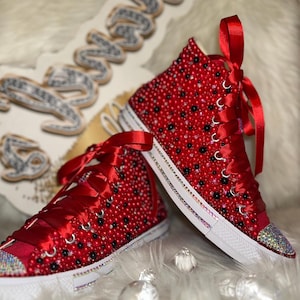 Red/Black Bling Converse | Custom Rhinestone High Top Chuck Taylor Pearl Crystal Kids Converse