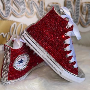 Red Rhinestone Bling Converse Sneakers | Custom High-Top Chuck Taylors for Prom or Weddings