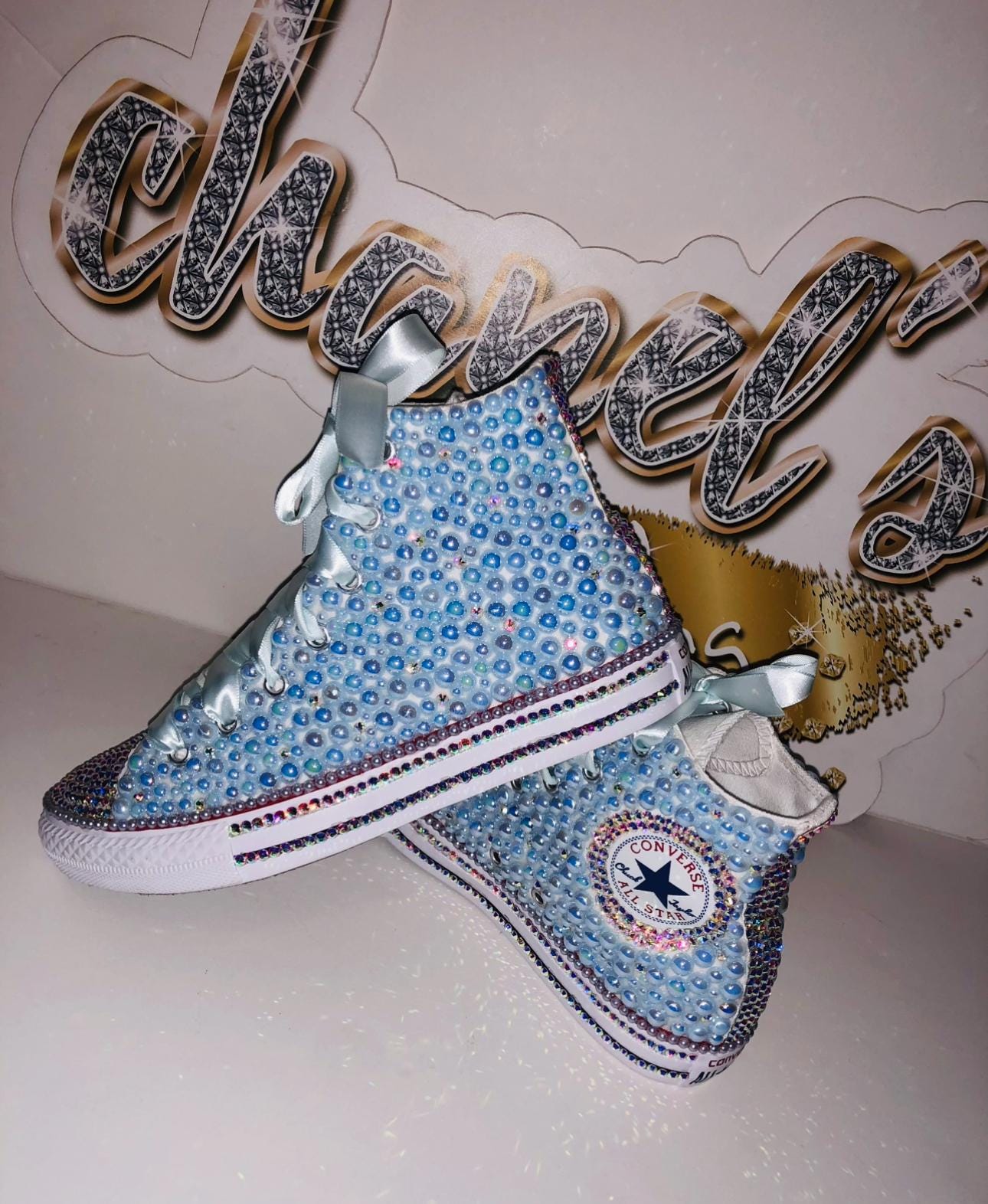 KIDS Light Blue Bling Converse All Star Chuck Taylor Sneakers HIGH TOP