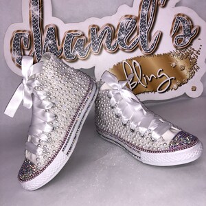 KIDS White Glam Bling Converse All Star Chuck Taylor Sneakers High-Top