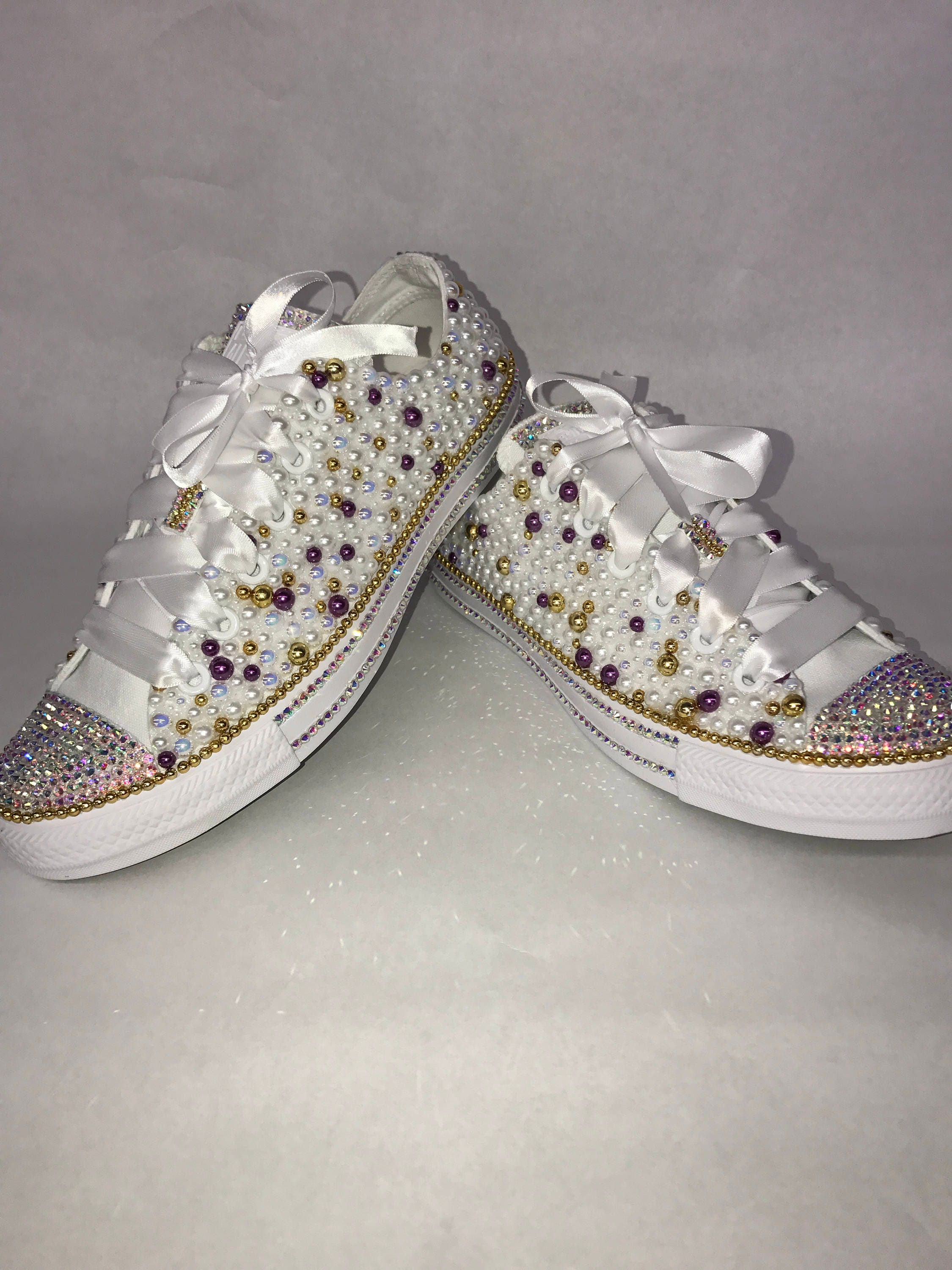 Kids Bling Converse: White Purple Pearl Rhinestone Sneakers