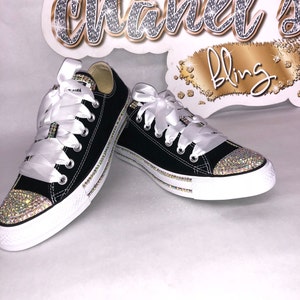 KIDS Black Glam Bling Converse All Star Chuck Taylor Sneakers Low-Top