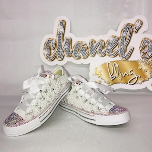 KIDS White/Iridescent Rhinestone Bling Converse All Star Chuck Taylor Sneakers