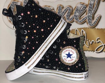 Black Sparkle Bling Converse High Tops | Kids Handmade Rhinestone Crystal All Star Sneakers