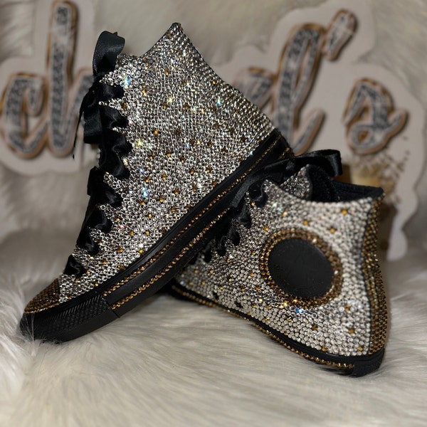 Black Crystal/Gold Bling Converse Sneakers | Women's Rhinestone High-Top Chuck Taylors