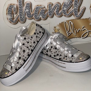 WOMEN&#39;S Platform Sole White/Black/Silver Bling Converse All Star Chuck Taylor Sneakers