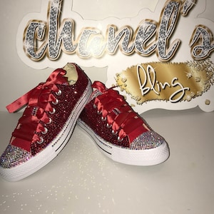 Women's Red Rhinestone Bling All Star Chuck Taylor Sneakers Low-Top