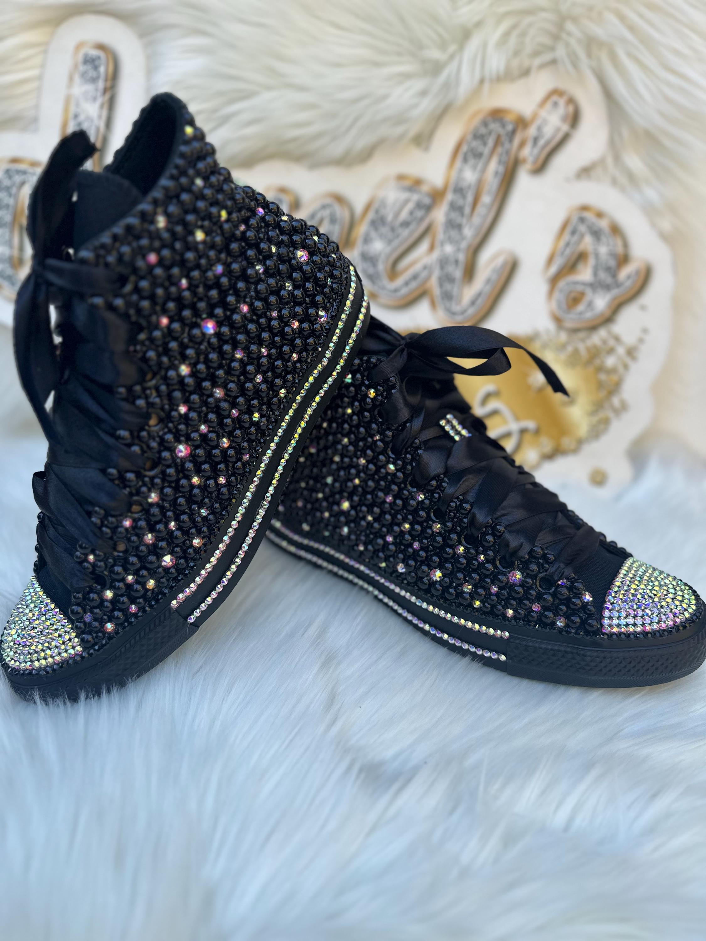 Black Bling High-top Bling Converse – Women Pearl & Rhinestone 