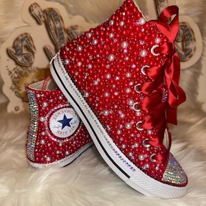 Red/White Bling Converse | Kids Custom Rhinestone High Top Chuck Taylor Sneakers