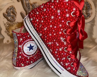 Red/White Bling Converse | Kids Custom Rhinestone High Top Chuck Taylor Sneakers