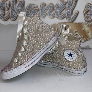 WOMEN&#39;S Ivory/Iridescent Rhinestone Glam Bling Converse All Star Chuck Taylor Sneakers High-Top