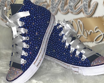 Custom Blue Bling Converse High Tops Women's Rhinestone Pearl