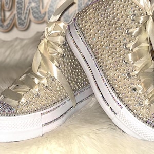 Platform Bling Sneakers For Women – Custom Ivory Rhinestone High Top Off White Pearl Crystal Converse