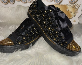 WOMEN'S Black/Gold Pearl Bling Converse All Star Chuck Taylor Sneakers Low-Top