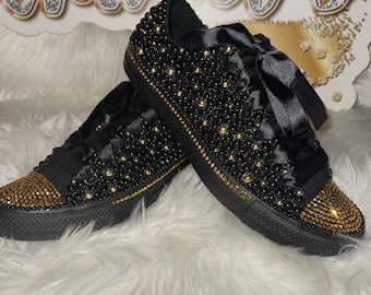 WOMEN'S Black/Gold Pearl Bling Converse All Star Chuck Taylor Sneakers Low-Top