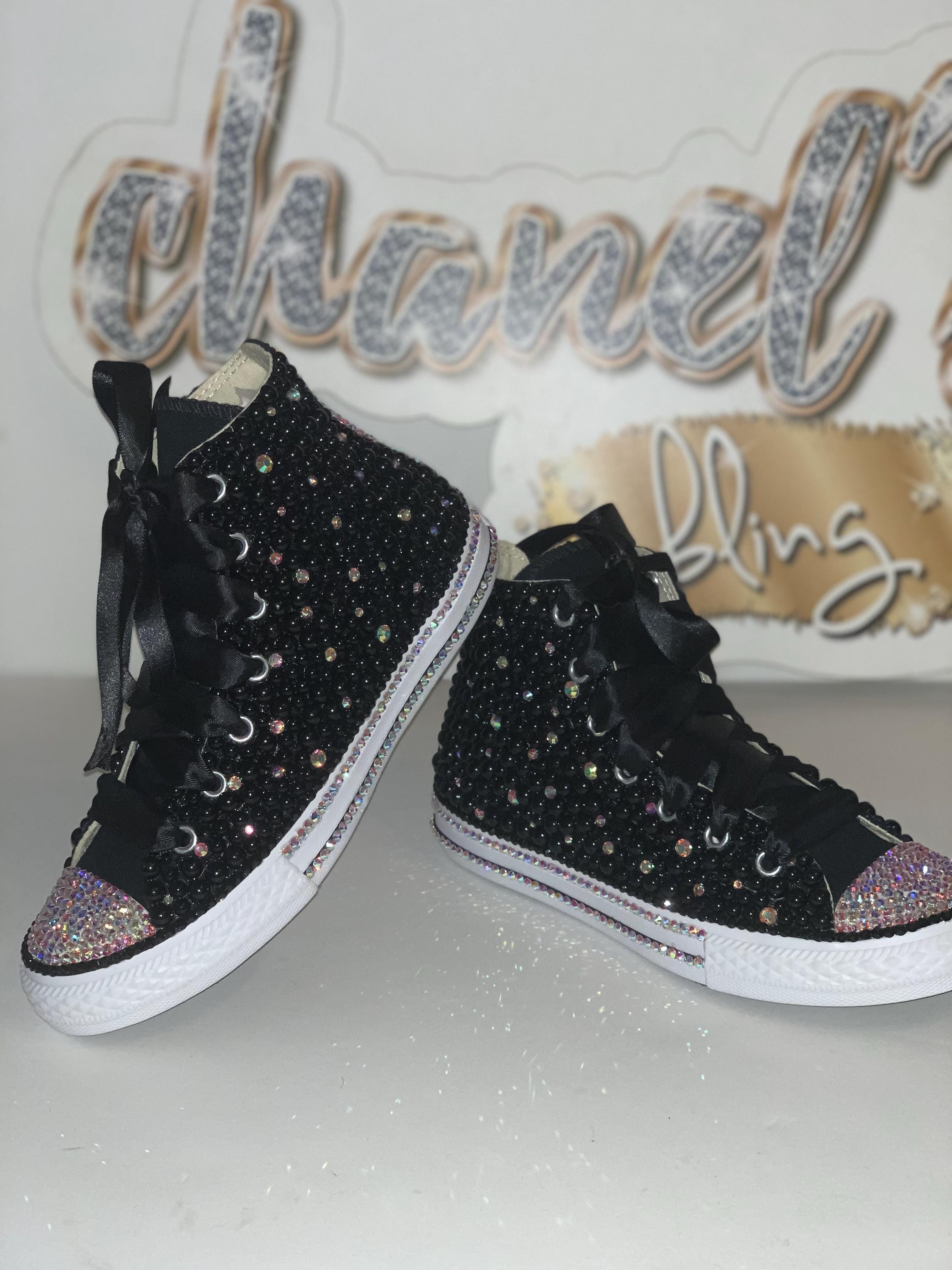 Black Sparkle Bling Converse High Tops | Kids Handmade Rhinestone 