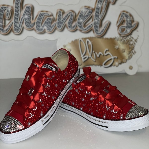WOMEN Red/White/Clear Rhinestone Bling All Star Chuck Taylors Sneakers Low-Top