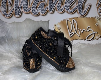 KIDS Black/Gold Bling Converse All Star Chuck Taylor Sneakers Low Top