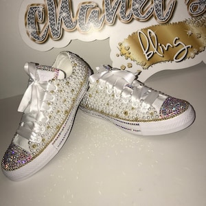 WOMEN&#39;S White/Gold Bling Converse All Star Chuck Taylor Sneakers Low-Top