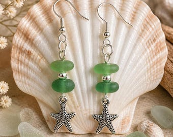 Handmade Green Sea Glass Earrings with Star fish Charm, Sterling Silver Hooks