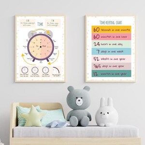May include: Two educational posters for a child's room. The first poster has a colorful clock with the words "TIME" and "AM" and "PM" on it. The second poster has a colorful chart with the words "TIME KEEPING CHART" and lists the number of seconds in a minute, minutes in an hour, hours in a day, days in a week, weeks in a year, days in a year, and months in a year.