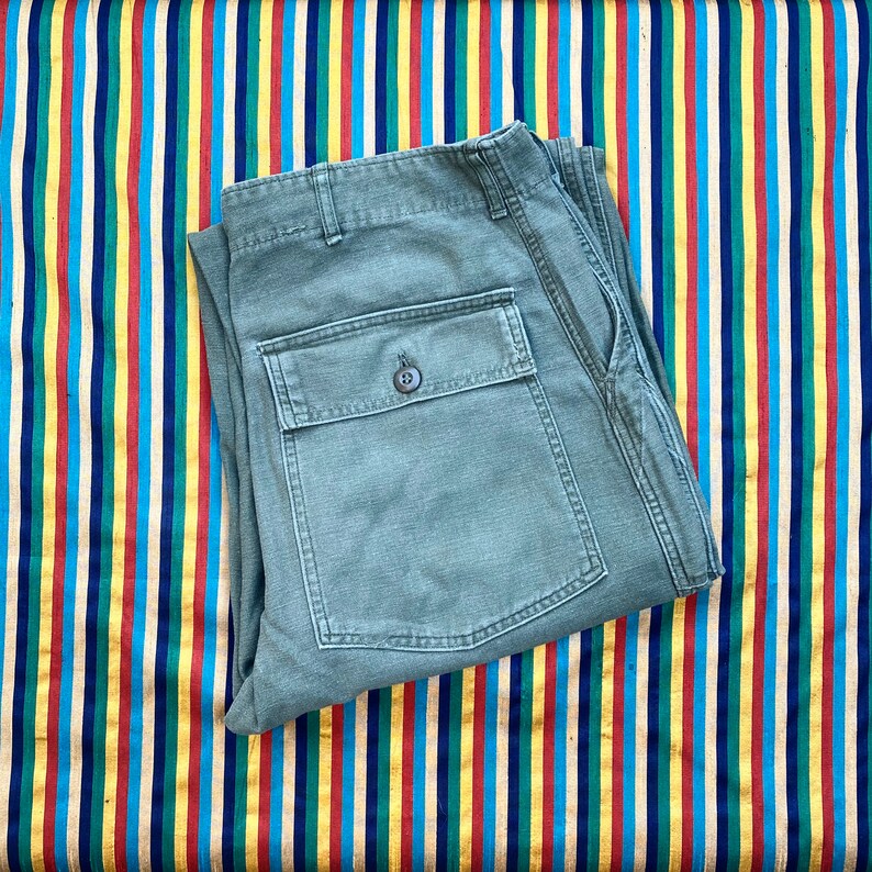 RARE Vintage US Army \u201cVietnam Sateen OG-107\u201d Button Fly Utility Trousers Combat Military 60s Pants Olive Green