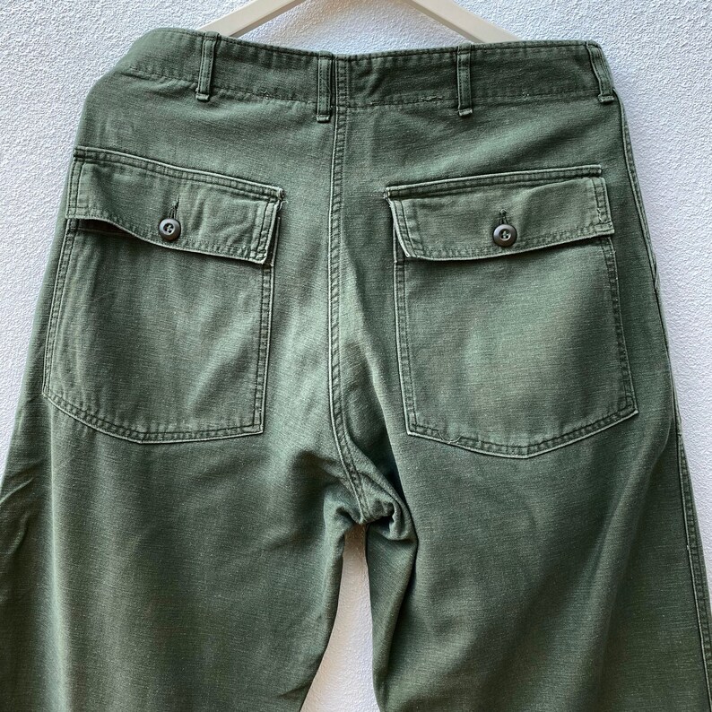 RARE Vintage US Army \u201cVietnam Sateen OG-107\u201d Button Fly Utility Trousers Combat Military 60s Pants Olive Green