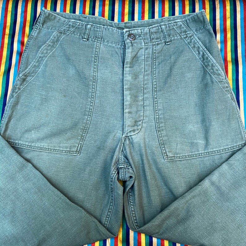 RARE Vintage US Army \u201cVietnam Sateen OG-107\u201d Button Fly Utility Trousers Combat Military 60s Pants Olive Green