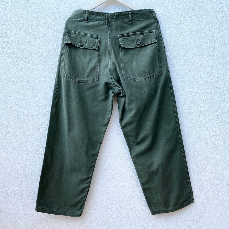 RARE Vintage US Army \u201cVietnam Sateen OG-107\u201d Button Fly Utility Trousers Combat Military 60s Pants Olive Green