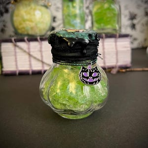 Halloween Cat Uranium Glowing Glass Potion Bottle, Halloween Decor, Oddities & Curiosities, Witch Goth