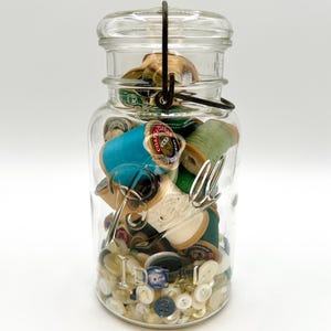 Vintage Ball Bail Jar Filled With Vintage Buttons & Wooden Thread Spools, Button Sewing Spellwork, Witch Jar