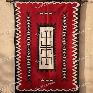 Atractiva alfombra Navajo de lana roja tejida a mano con diseño del suroeste, estilo nativo americano y mexicano. Alfombra de decoración para el hogar, tamaño personalizado.