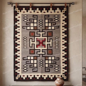 May include: A rectangular wall hanging rug featuring a geometric pattern in shades of gray, cream, brown, and red. The design includes stepped motifs and diamond shapes, suspended from a dark metal rod with leather straps above a wooden bench.