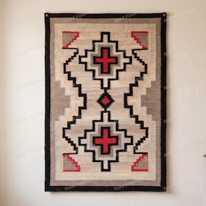 May include: A rectangular woven wall hanging featuring a geometric pattern with a central red cross motif, surrounded by black, gray, and cream stepped borders. The design includes smaller red accents in the corners and a solid black outer frame.