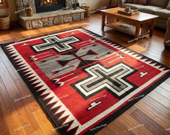 8x10 Handwoven Wool Navajo Rug Southwestern Pattern Native American Style Two Gray Hills Mexican Rug , Cabin , Lobby or Farmhouse Decor Rug