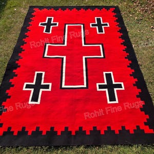 9x12 Ft Handwoven Wool Navajo Rug , Moroccan Area Custom size Rug , Red Color Home Decor Turkish Kilim Rug Southwestern Pattern Zapotec Rug