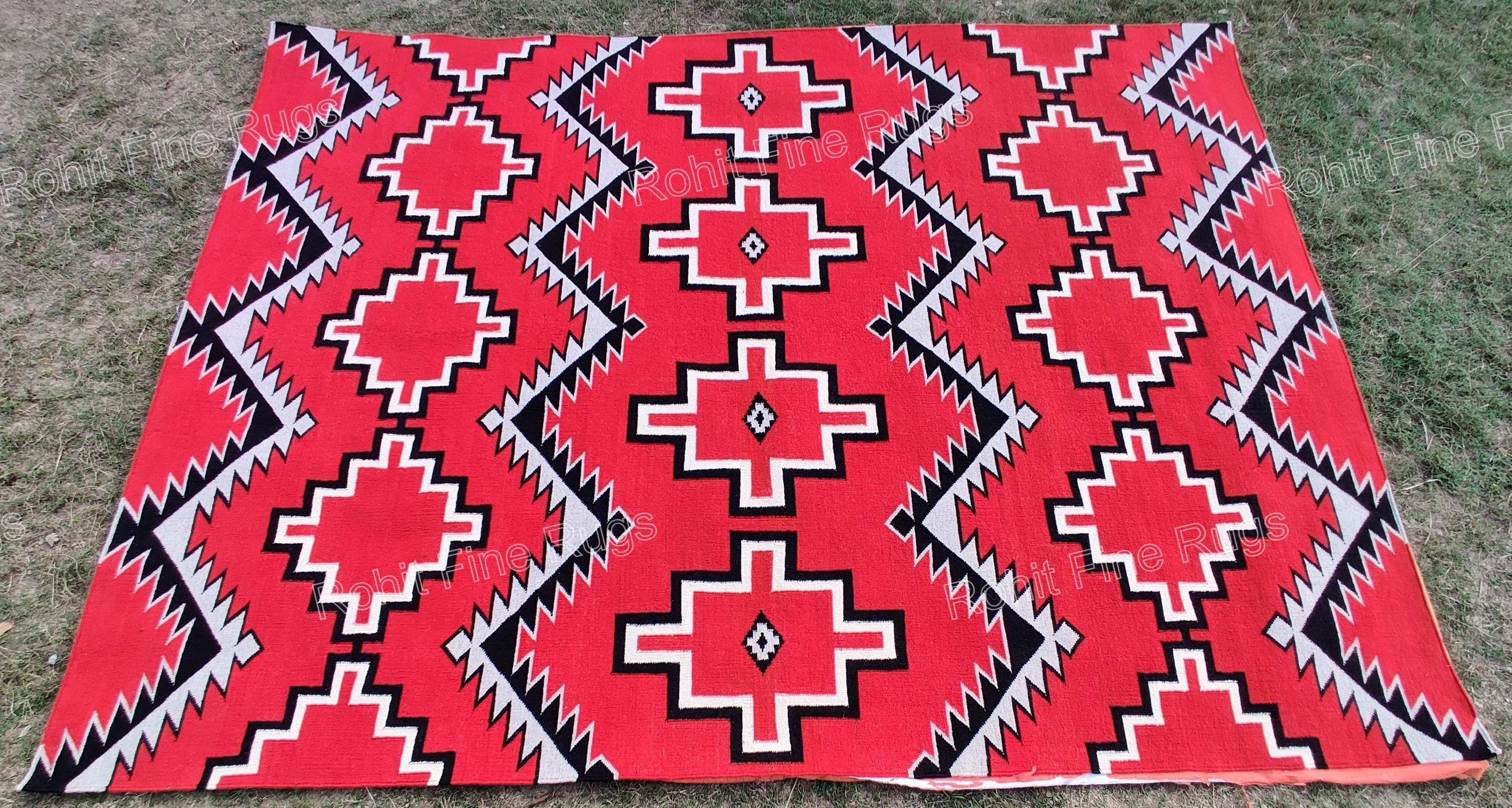 9x12 Ft Handwoven Red Wool Navajo Rug Geometric Pattern Native