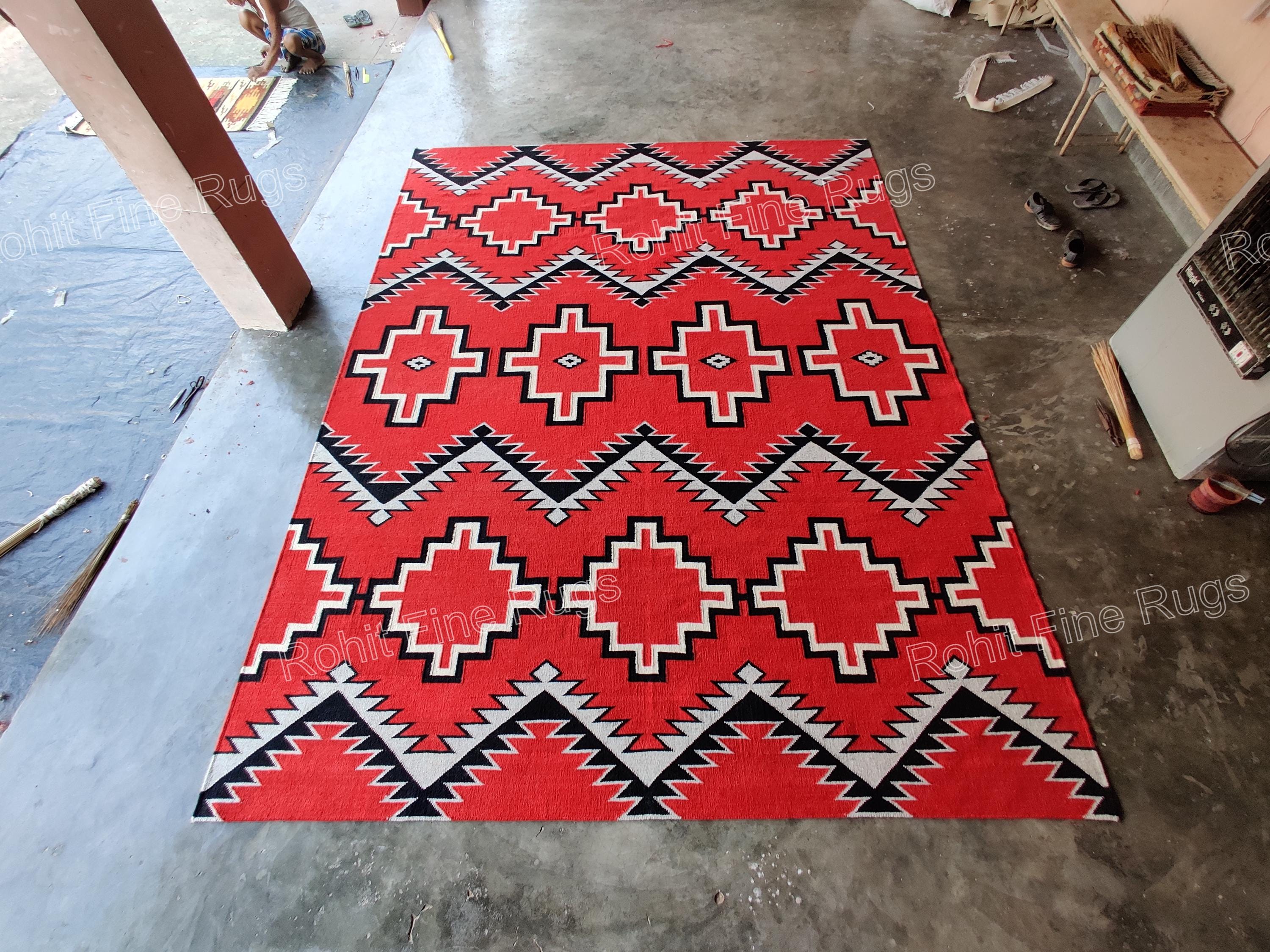 9x12 Ft Handwoven Red Wool Navajo Rug Geometric Pattern Native