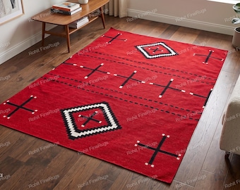 Tappeto Navajo in lana rossa tessuto a mano, 8 x 10 piedi, motivo sud-occidentale, tappeto messicano, decorazione per la casa, regalo personalizzato per inaugurazione della casa, realizzato da tribù native.