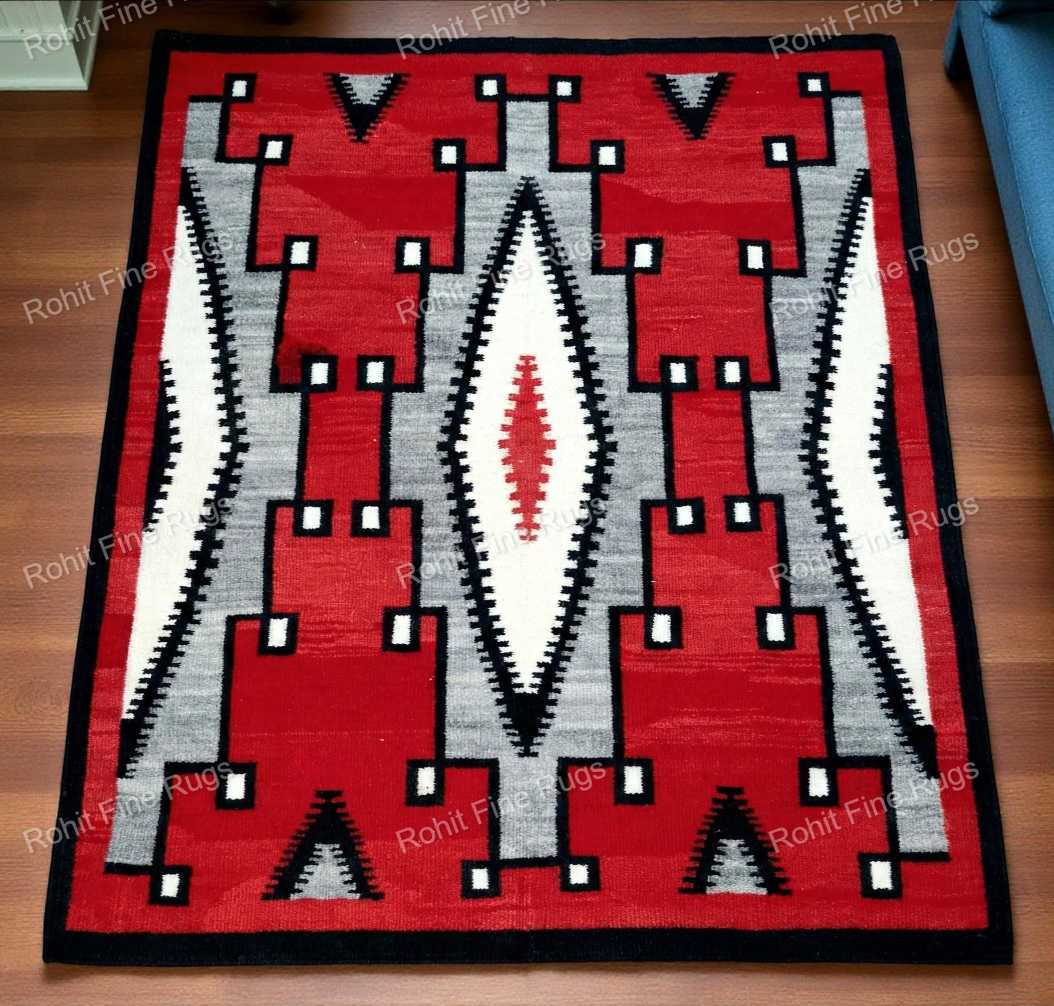 8x10 Ft Handwoven Red Wool Navajo Rug Southwestern Pattern Native