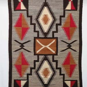 Puede incluir: Una alfombra rectangular gris tejida con un patrón geométrico. El diseño incluye diamantes, cuadrados y zigzags en colores marrón, rojo y crema. La alfombra tiene un borde marrón oscuro y probablemente está hecha de lana.