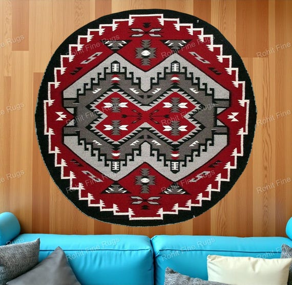 8x8 Ft Handwoven Wool Round Navajo Rug Southwestern Pattern Native