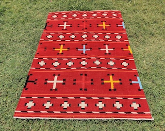 Hand Woven Navajo Kilim Rug Geometric Pattern Western Design Size 4x6 , Free Shipping