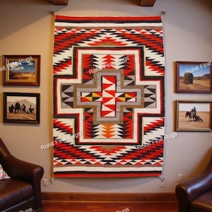 Può includere: Un grande arazzo da parete rettangolare tessuto con un motivo geometrico in rosso, nero, bianco e marrone. Il disegno centrale presenta una forma a croce con elementi triangolari e a gradini. Il tappeto è esposto su una parete beige, con quadri incorniciati su entrambi i lati.