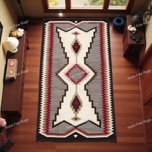 6x9 handvävd ullmatta i Navajo-stil, sydvästlig mönstrad matta i indiansk stil, heminredning, inflyttningsmatta, marockansk matta, tribaltillverkad zapotekmatta